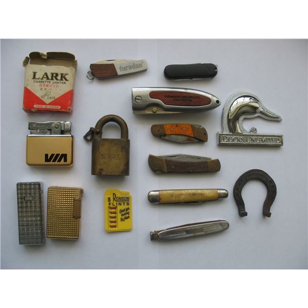 LOT OF LIGHTERS and  POCKET KNIFES - Also Searle Grain Elevator Padlock - No Key - DU Emblem