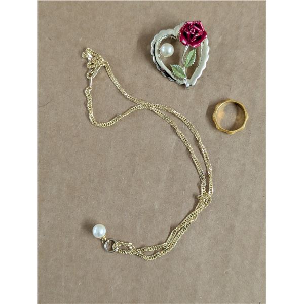 14KT G.P, Necklace (Unverified) W/ Ring and Rose/Pearl Heart Pendant