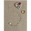 Image 1 : 14KT G.P, Necklace (Unverified) W/ Ring and Rose/Pearl Heart Pendant