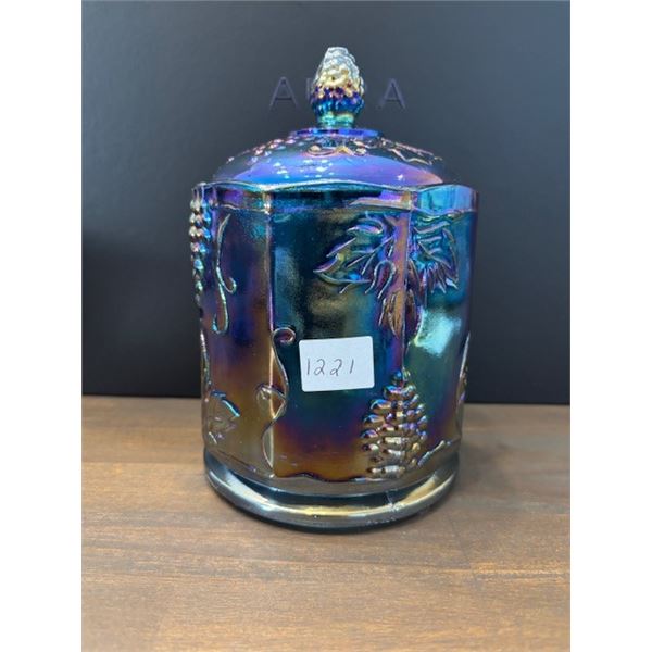 Blue Carnival Glass “Harvest Grape” Canister with Lid