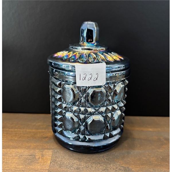 Blue Carnival Glass Sugar Container with Lid