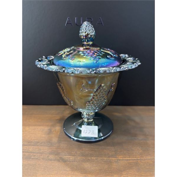 Blue Carnival Glass “Harvest Grape “ Candy Dish with Lid