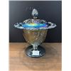 Image 1 : Blue Carnival Glass “Harvest Grape “ Candy Dish with Lid