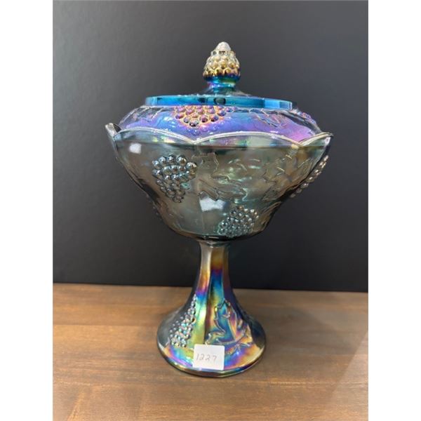 Blue Carnival Glass “Harvest Grape” Pedestal Compote Bowl with Lid