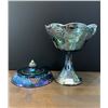 Image 4 : Blue Carnival Glass “Harvest Grape” Pedestal Compote Bowl with Lid