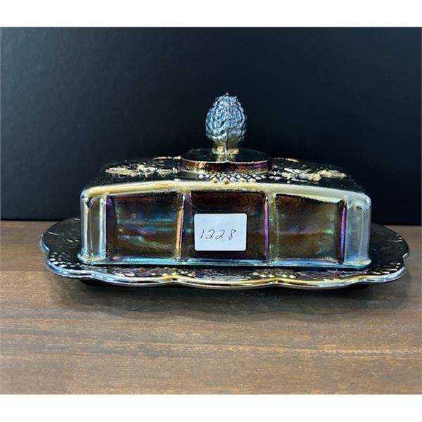 Blue Carnival Glass “Harvest Grape” Covered Butter Dish