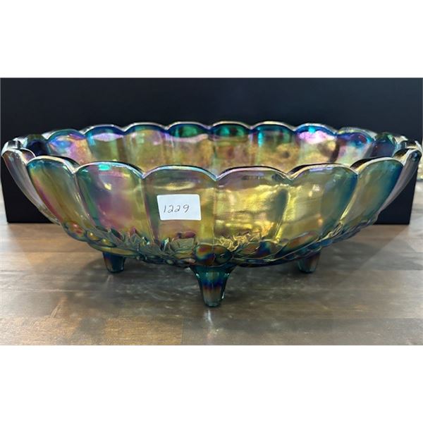Blue Carnival Glass “Harvest Grape “ Footed Fruit Bowl