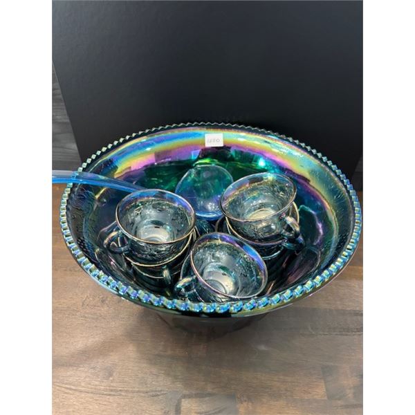 Blue Carnival Glass “Princess” Punch Bowl with 12 cups and Ladle.