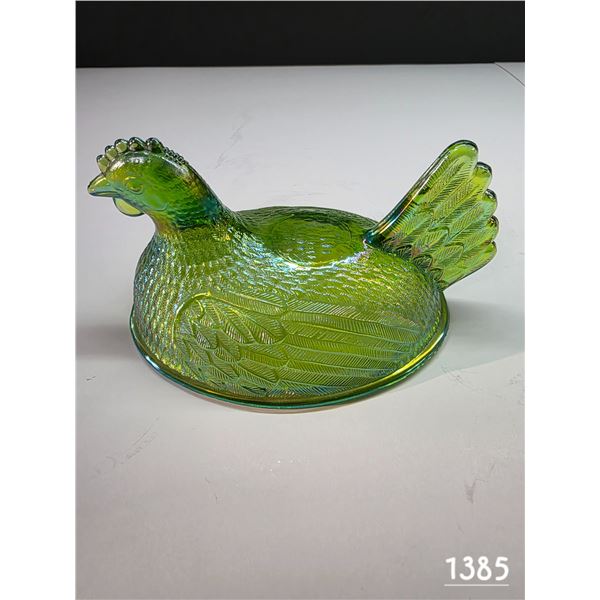 Green carnival glass hen top- 6" by 4"