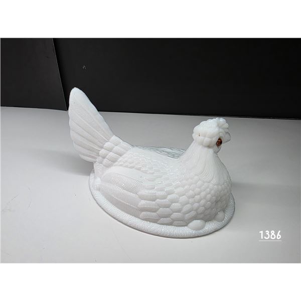 White milk glass hen top- 6" by 5"