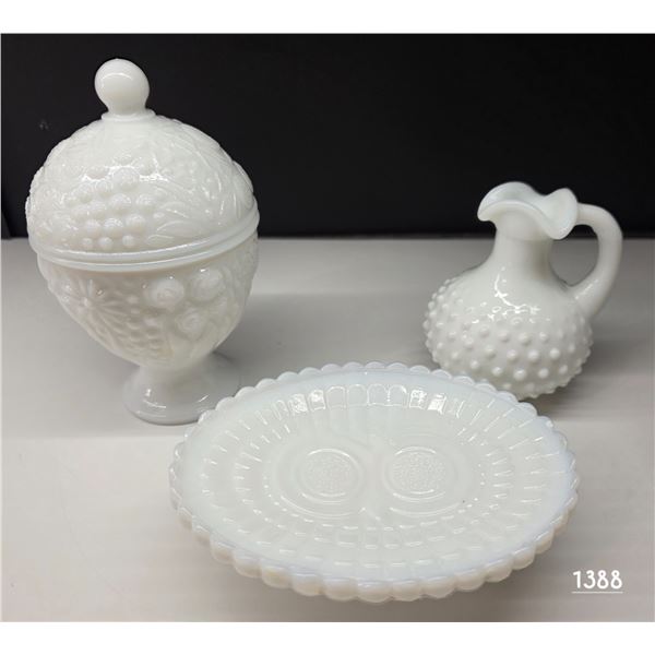 Avon milk glass collectables, pedestal, soap dish, candy dish, pitcher