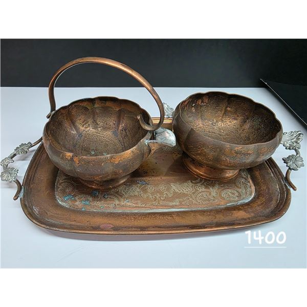 Vintage copper creamer, sugar bowl and matching trays