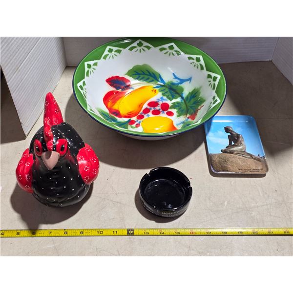 Vintage enamel basin, hand painted ceramic chicken, holly wood ashtray and copenhagen souvenier