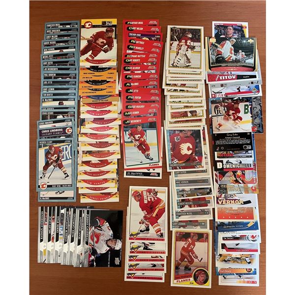Calgary Flames lot of 100 different hockey cards. Vernon. Fleury. Mixed Brands. Mixed Years.