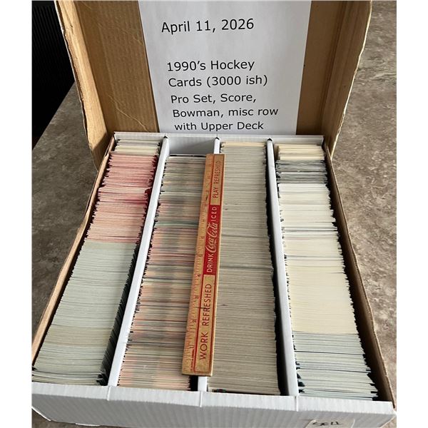 Large 4 row box of 3000ish hockey cards. Mainly 1990s Pro Set, Score, Bowman and misc row with UD.