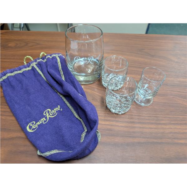 Crown Royal Set (3) Shot Glasses (1) Whisky Glass and Bag