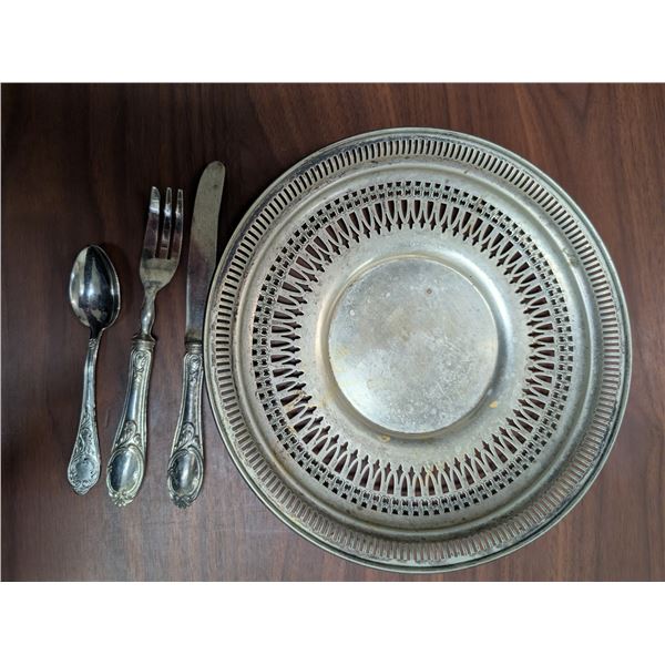 .800 Fork, Spoon, and Knife with silver plated tray