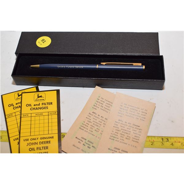 John Deere Oil Change Labels & Funeral Service Pen