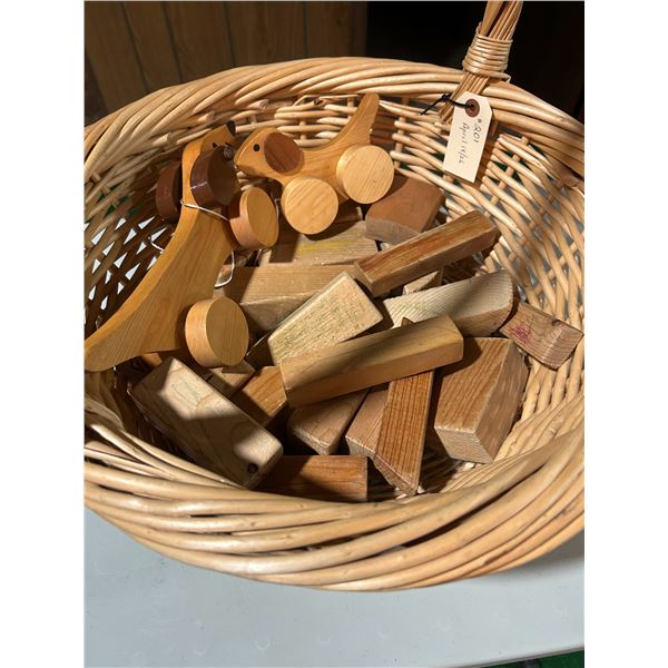 Wooden block toys, pull toys, and wicker basket