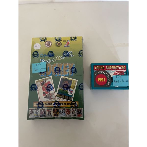 Sealed box of O-P-Chee premier 1992 hockey cards and box of 40 young super stars score hockey cards