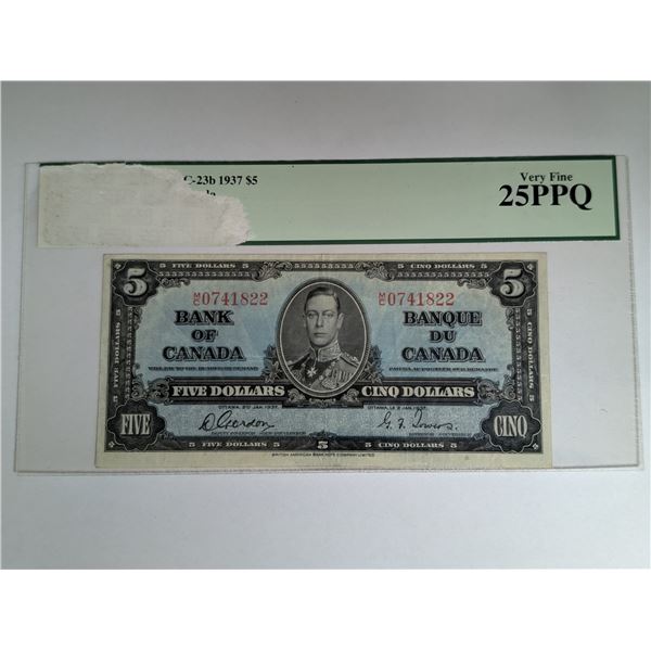 1937 Canadian 5 Dollar Bill 0741822 GRADED (Grade Part Damaged) 25PPQ Very Fine