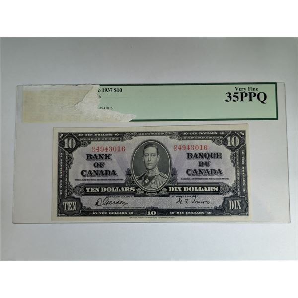 1937 Canadian 10 Dollar Bill 4943016 GRADED (Grade Part Damaged) 35PPQ Very Fine