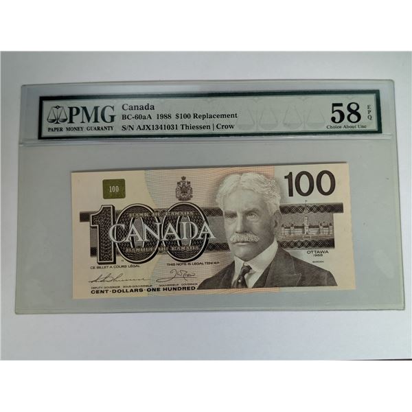 Canadian BC-60aA 1988 100 Dollar Replacement S/N AJX1341031 Thiessen/Cow 58 EPQ