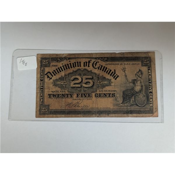 Canadian 1900 Dominion Of Canada 25 Cents Shinplaster