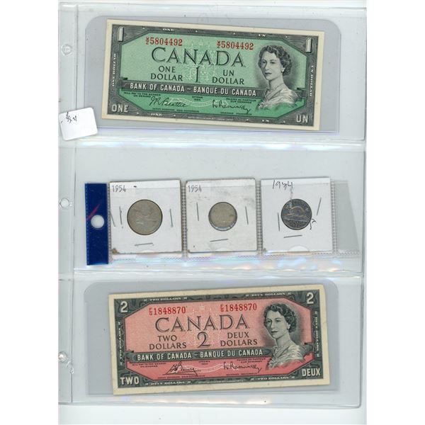 Canadian 1954 Bill and Coin set (1 and 2 Dollar) (25, 10, 5 Cents)
