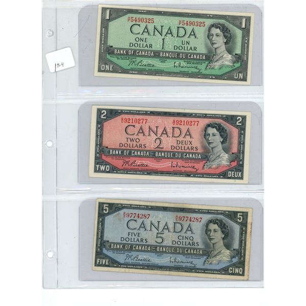 (3) Canadian 1954 Bills (1, 2, and 5 Dollar Bills)