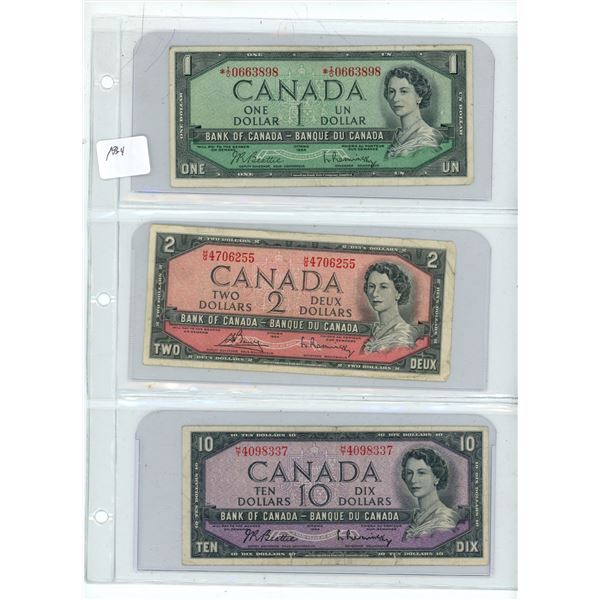 (3) Canadian 1954 Bills (1, 2, and 10 Dollar Bills)