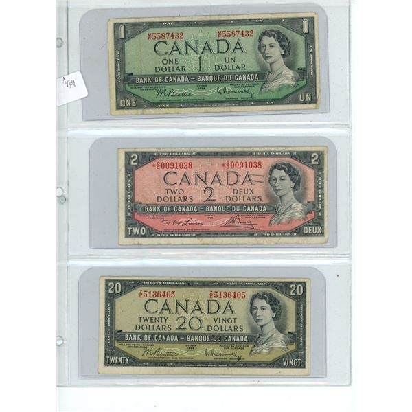 (3) Canadian 1954 Bills (1, 2, and 20 Dollar Bills)
