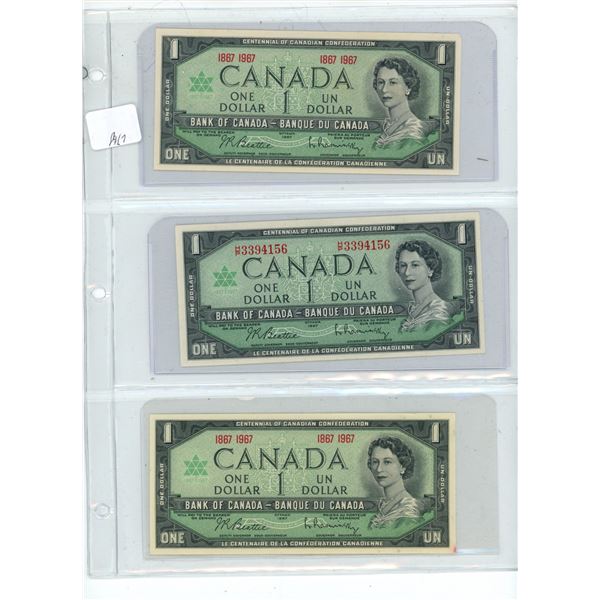 (3) Canadian 1967 1 Dollar Bills 3394156 and 1867-1967