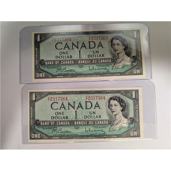 (2) Canadian 1954 1 Dollar Bills MS-4 217363-64