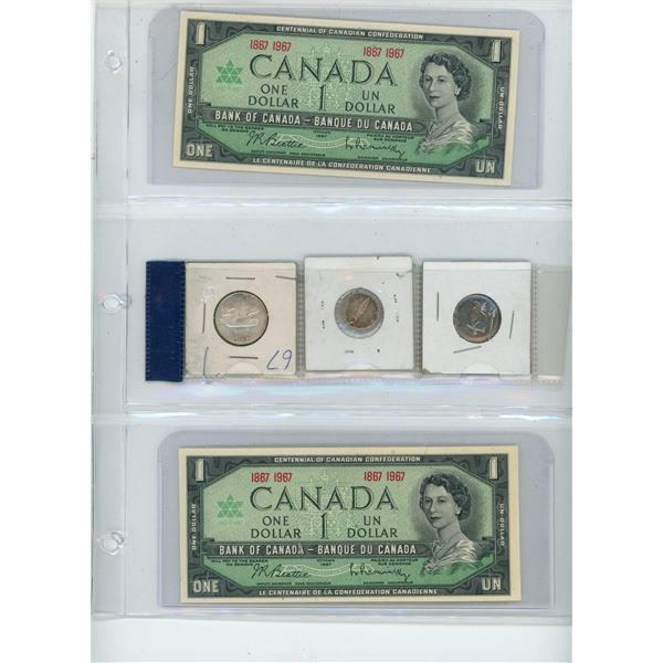 (2) Canadian 1967 1 Dollar Bills w/ 1967 Canadian 25, 10, and 5 Cent Coins (Fish, Bunny, and Bobcat)