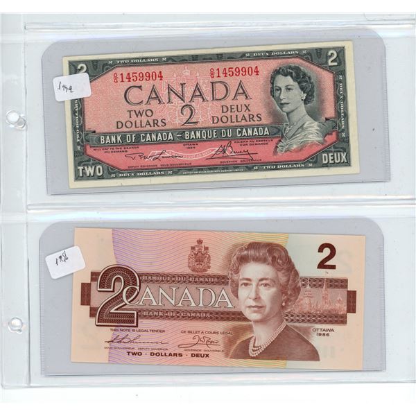 (2) Canadian 2 Dollar Bills (1) 1954 1459904 (1) 1986 EGL0657390