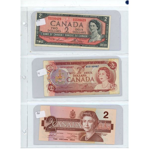 (3) Canadian 2 Dollar Bills (1954,1974,1986)