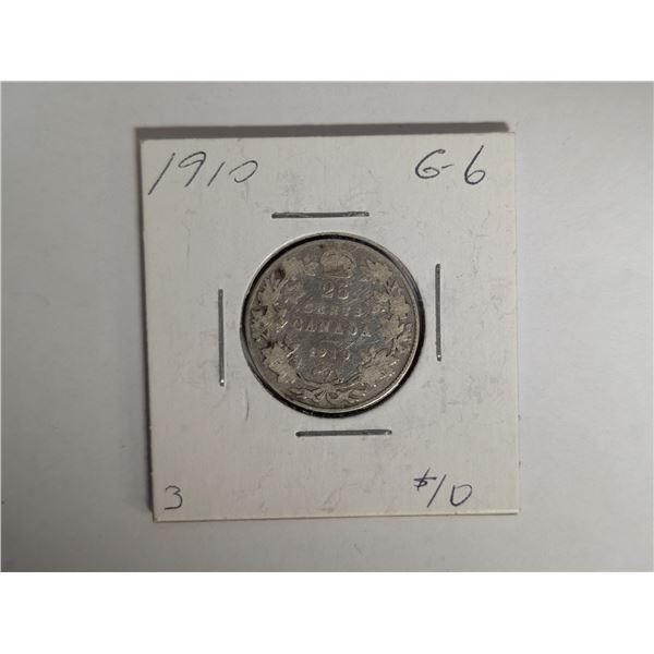 1910 G-6 25 Canadian 25 Cent Coin