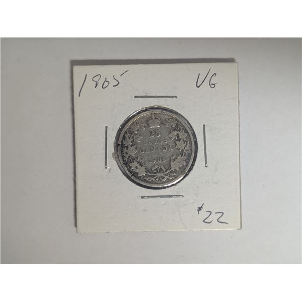 1905 VG Canadian 25 Cent Coin