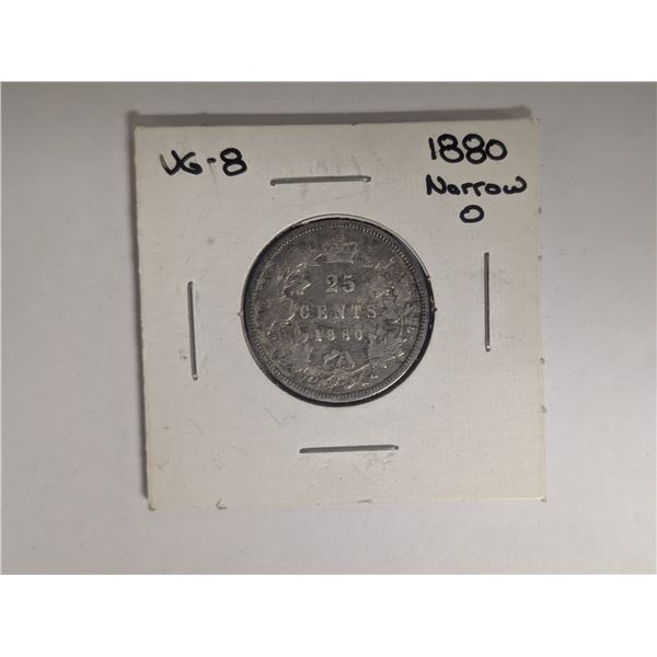 1880 Narrow O VG-8 Canadian 25 Cent Coin