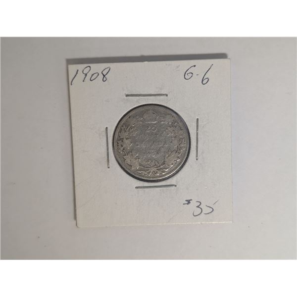 1908 G-6 Canadian 25 Cent Coin