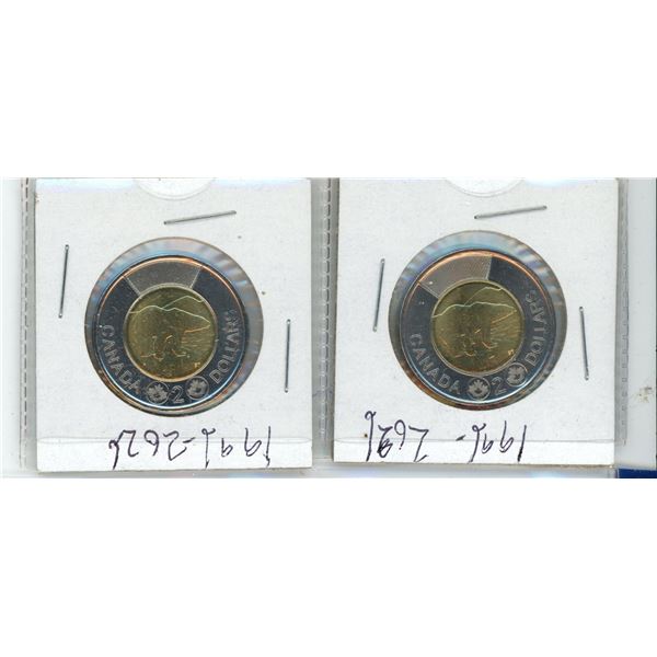 (2) Canadian 2 Dollar Coins 1996-2026