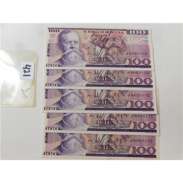 5-CONNSECUTIVE 100 PESO MEXICAN BILLS UNC