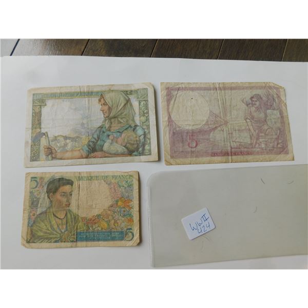 WORLD WAR II BANK NOTES 5 AND 10 MARK 1940 AND 1942 AND 1943 FRANC