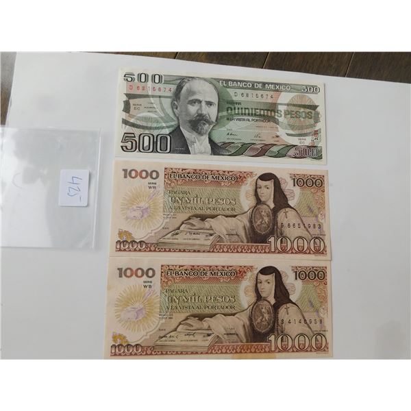 2-1000- AND 1-500-PESO MEXICAN UNC BILLS