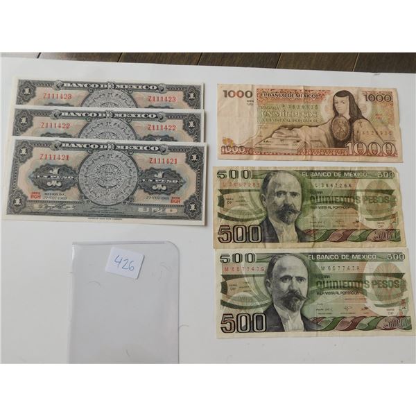 UNC MEXICO 1 PESO BILLS AND CIRC 500- AND 1000-PESO BILLS