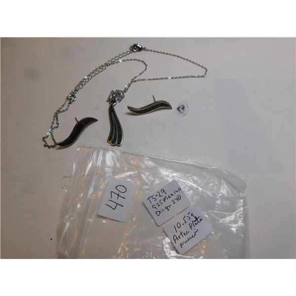 T S 29 DESIGN 420 ARTEC PLATA MEXICO STERLING NECKLACE AND EARINGS INLAID MALACHITE