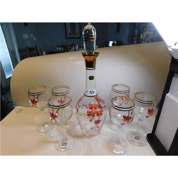 BOHEMIAN PAINTED GLASS CARAFE WITH LID AND SIX MATCHING GLASSES