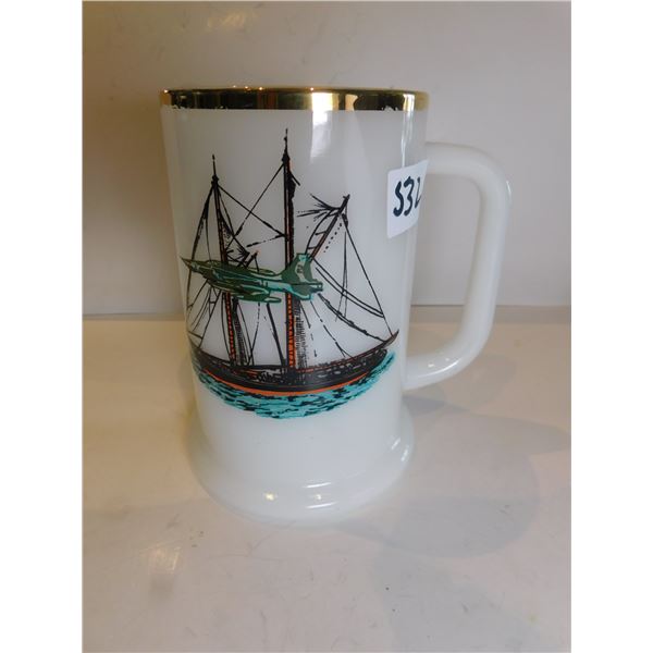 MILK GLASS STEIN WITH SHIP