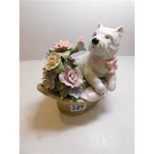 ROYAL ALBERT MUSICAL DOG IN BASKET WITH FLOWERS, WINDUP ON BOTTOM
